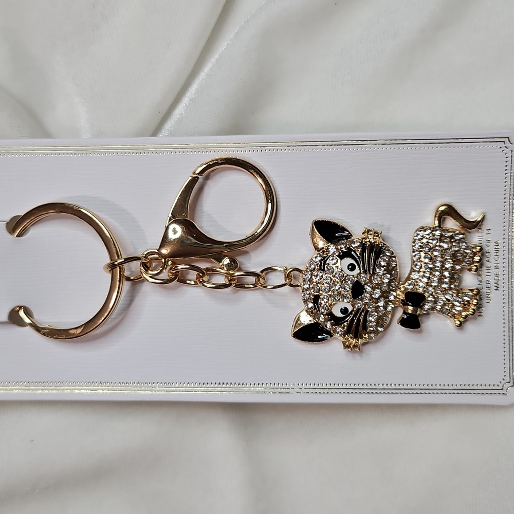 Women's Rhinestone Cat Keychain Bag Charm Clear Rhinestones Crystals Gold Tone